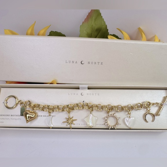 Luna Norte Genuine Mother of Pearl Gold Tone Charm Bracelet - Picture 1 of 2